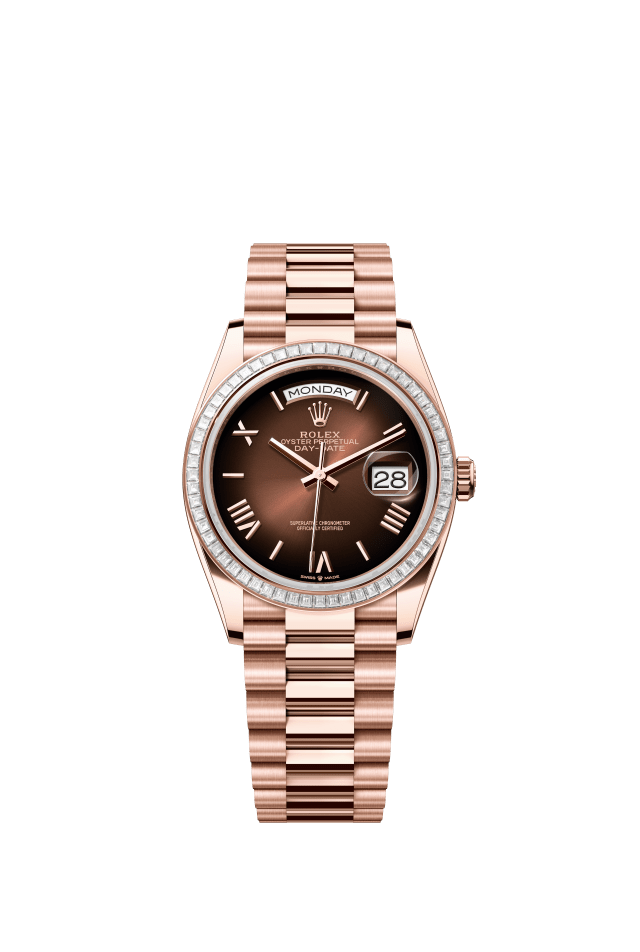 Rolex Day-Date 36, Oyster, 36 mm, Everose gold and diamonds, brown ombré dial