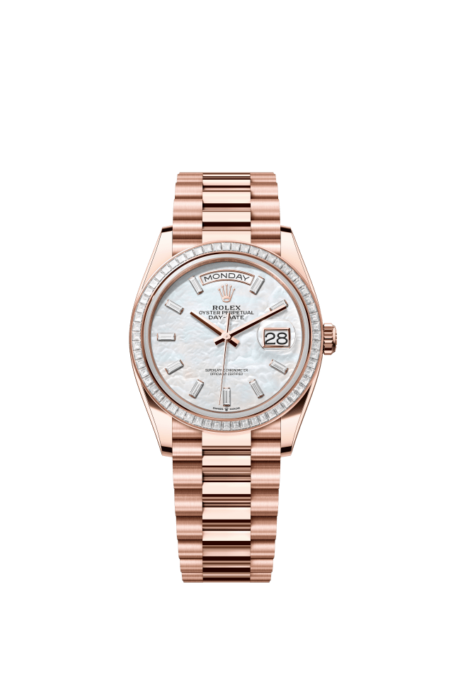 Rolex Day-Date 36, Oyster, 36 mm, Everose gold and diamonds, white mother-of-pearl set with diamonds dial