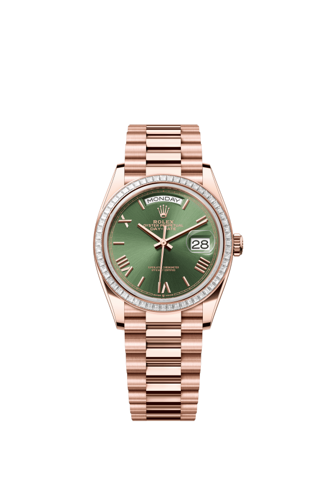 Rolex Day-Date 36, Oyster, 36 mm, Everose gold and diamonds, olive green dial