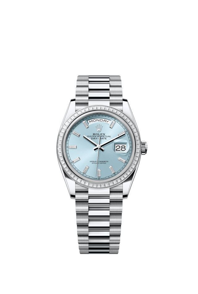 Rolex Day-Date 36, Oyster, 36 mm, platinum and diamonds, ice blue set with diamonds dial