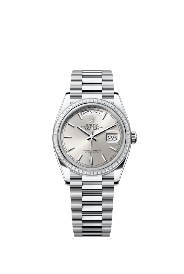 Rolex Day-Date 36, Oyster, 36 mm, platinum and diamonds, silver dial