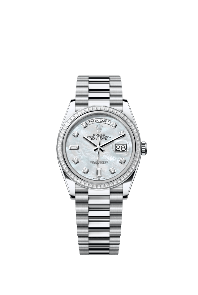 Rolex Day-Date 36, Oyster, 36 mm, platinum and diamonds, white mother-of-pearl set with diamonds dial