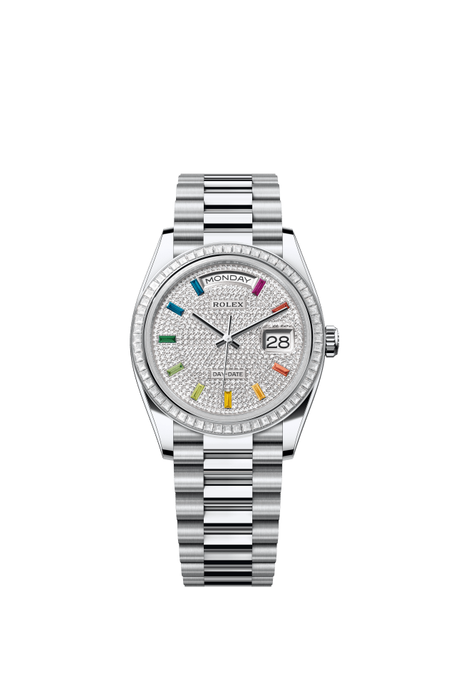 Rolex Day-Date 36, Oyster, 36 mm, platinum and diamonds, diamond-paved dial