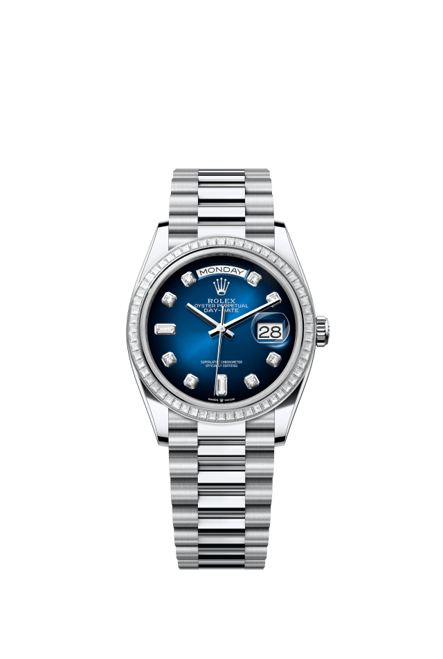 Rolex Day-Date 36, Oyster, 36 mm, platinum and diamonds, blue ombré set with diamonds dial