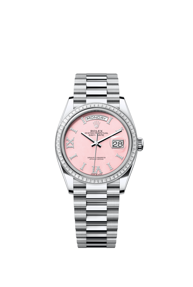 Rolex Day-Date 36, Oyster, 36 mm, platinum and diamonds, pink opal set with diamonds dial