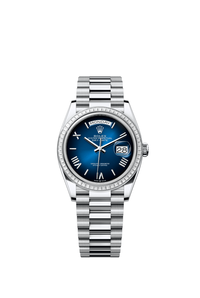 Rolex Day-Date 36, Oyster, 36 mm, platinum and diamonds, blue ombré dial