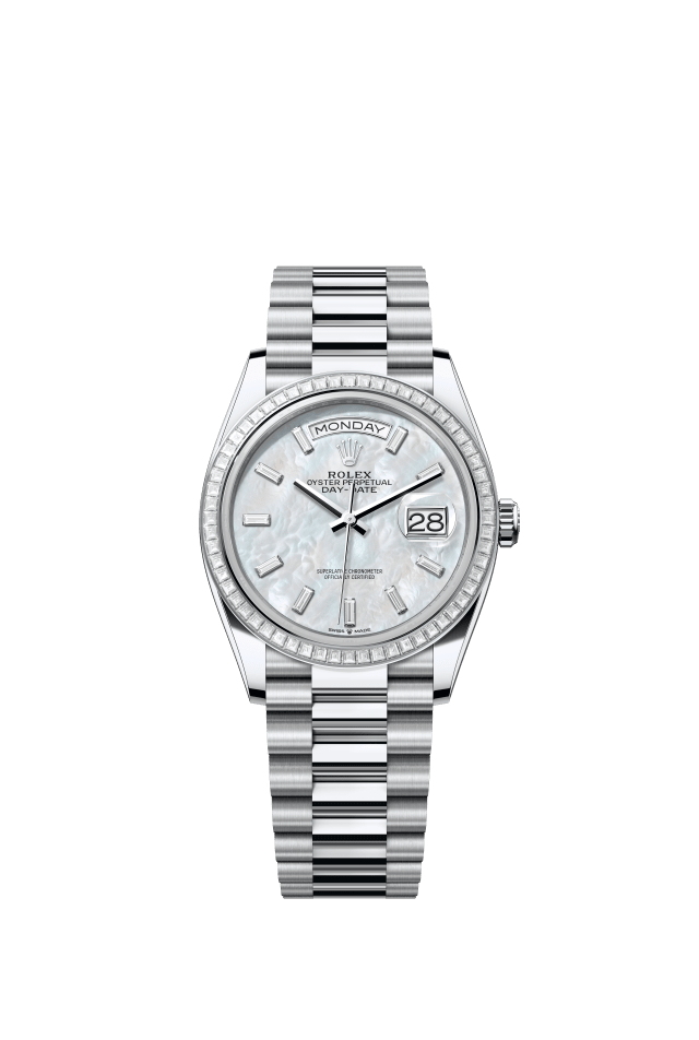 Rolex Day-Date 36, Oyster, 36 mm, platinum and diamonds, white mother-of-pearl set with diamonds dial