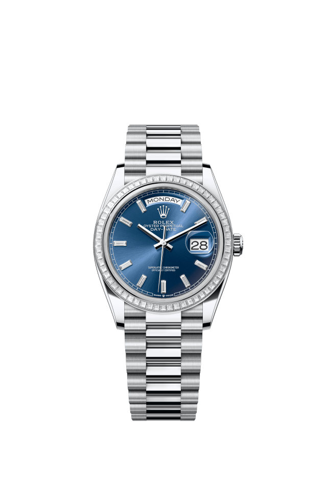 Rolex Day-Date 36, Oyster, 36 mm, platinum and diamonds, bright blue set with diamonds dial