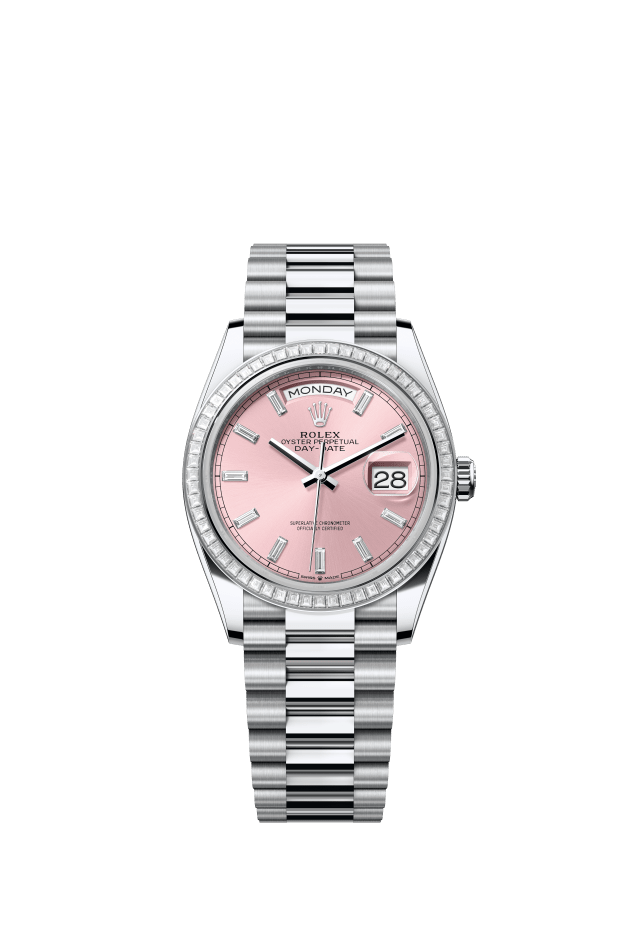 Rolex Day-Date 36, Oyster, 36 mm, platinum and diamonds, pink set with diamonds dial
