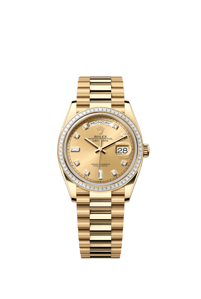Rolex Day-Date 36, Oyster, 36 mm, yellow gold and diamonds, champagne-colour set with diamonds dial