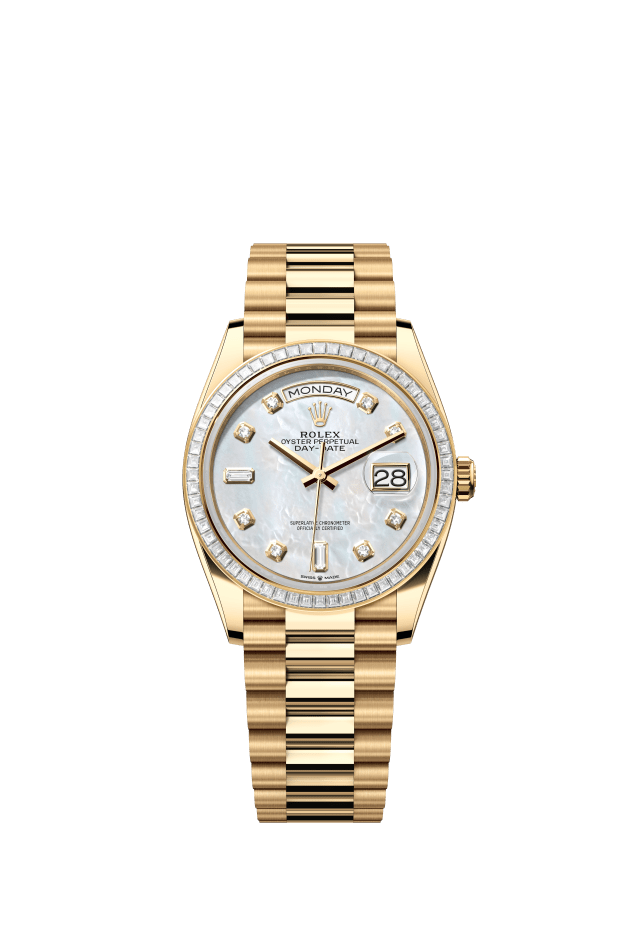 Rolex Day-Date 36, Oyster, 36 mm, yellow gold and diamonds, white mother-of-pearl set with diamonds dial