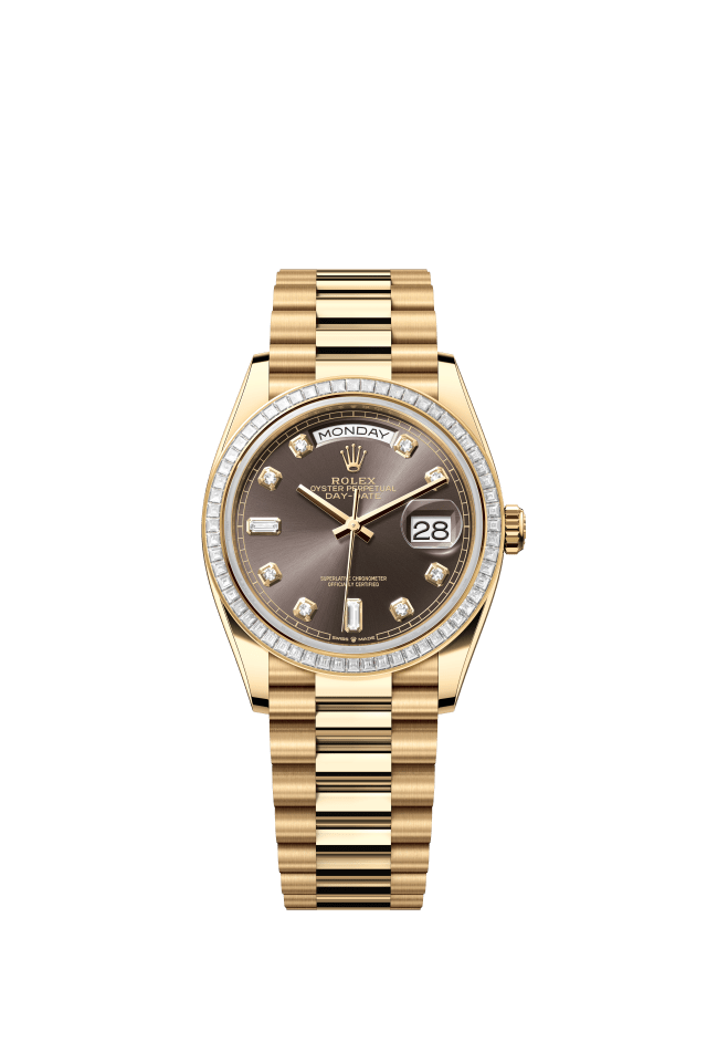 Rolex Day-Date 36, Oyster, 36 mm, yellow gold and diamonds, dark grey set with diamonds dial