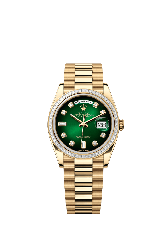 Rolex Day-Date 36, Oyster, 36 mm, yellow gold and diamonds, green ombré set with diamonds dial