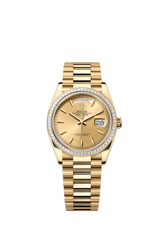 Rolex Day-Date 36, Oyster, 36 mm, yellow gold and diamonds, champagne-colour dial