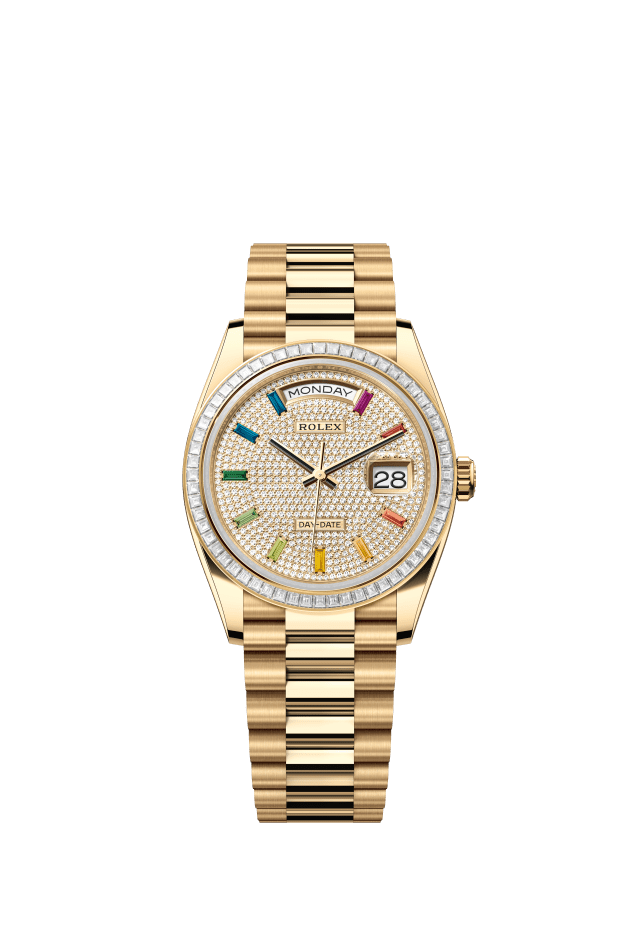 Rolex Day-Date 36, Oyster, 36 mm, yellow gold and diamonds, diamond-paved dial