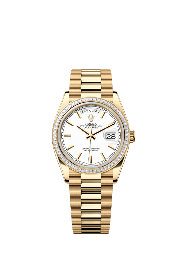 Rolex Day-Date 36, Oyster, 36 mm, yellow gold and diamonds, white dial