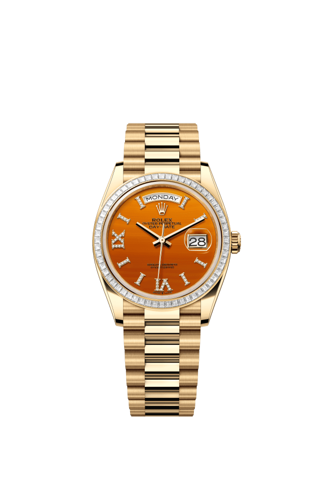 Rolex Day-Date 36, Oyster, 36 mm, yellow gold and diamonds, carnelian set with diamonds dial