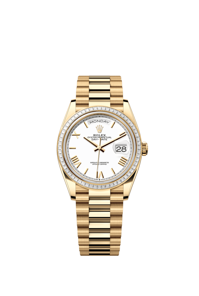 Rolex Day-Date 36, Oyster, 36 mm, yellow gold and diamonds, white dial
