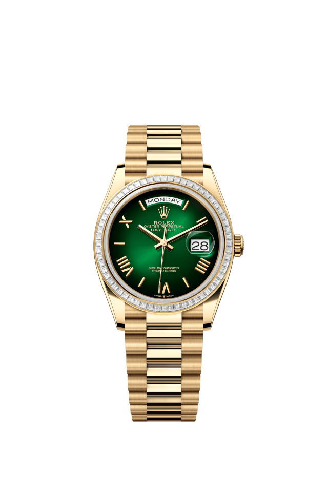 Rolex Day-Date 36, Oyster, 36 mm, yellow gold and diamonds, green ombré dial