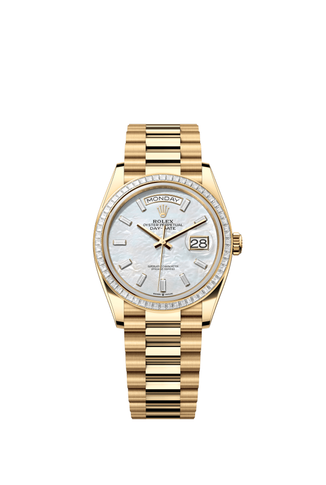 Rolex Day-Date 36, Oyster, 36 mm, yellow gold and diamonds, white mother-of-pearl set with diamonds dial