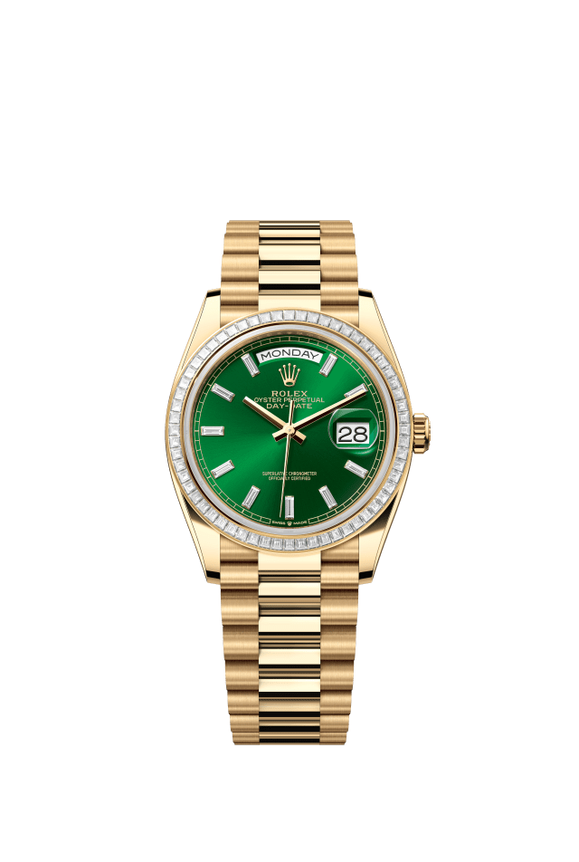 Rolex Day-Date 36, Oyster, 36 mm, yellow gold and diamonds, bright green set with diamonds dial