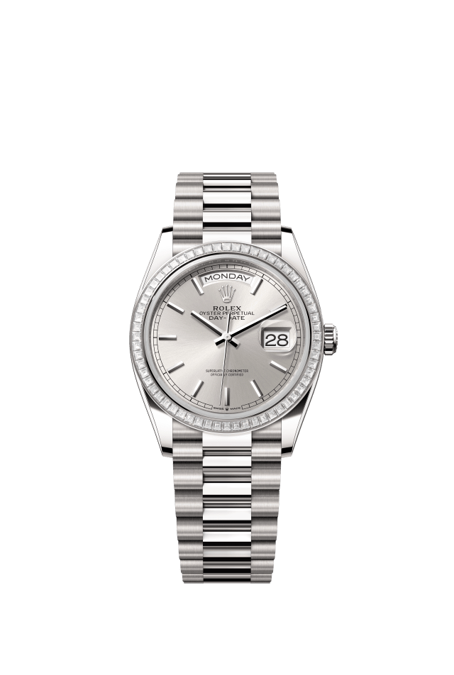 Rolex Day-Date 36, Oyster, 36 mm, white gold and diamonds, silver dial