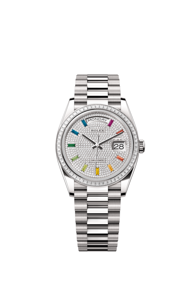 Rolex Day-Date 36, Oyster, 36 mm, white gold and diamonds, diamond-paved dial