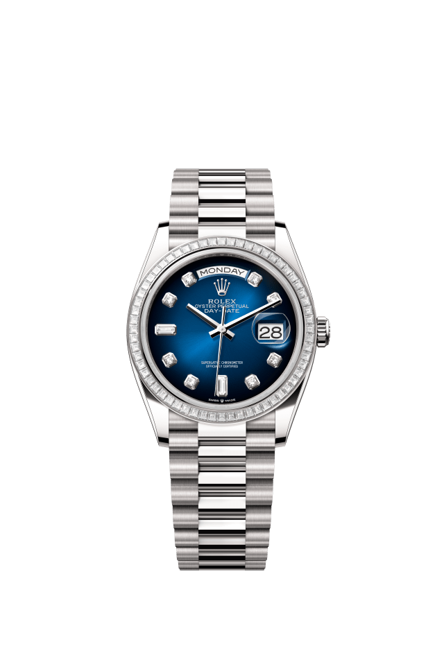 Rolex Day-Date 36, Oyster, 36 mm, white gold and diamonds, blue ombré set with diamonds dial