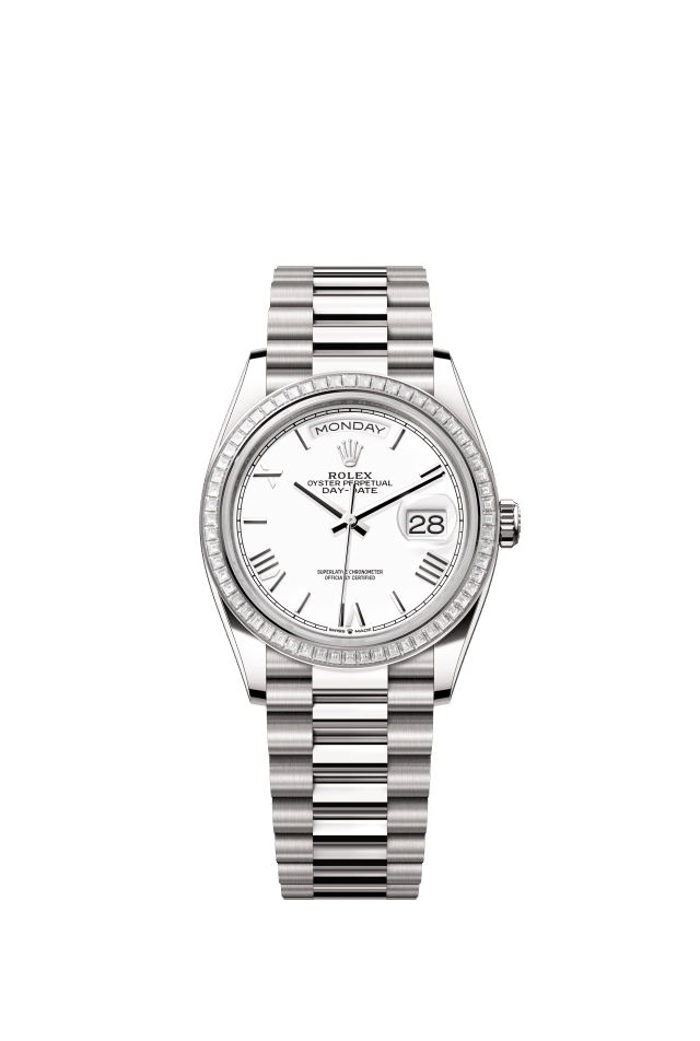 Rolex Day-Date 36, Oyster, 36 mm, white gold and diamonds, white dial