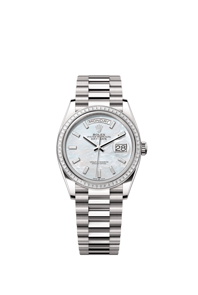 Rolex Day-Date 36, Oyster, 36 mm, white gold and diamonds, white mother-of-pearl set with diamonds dial