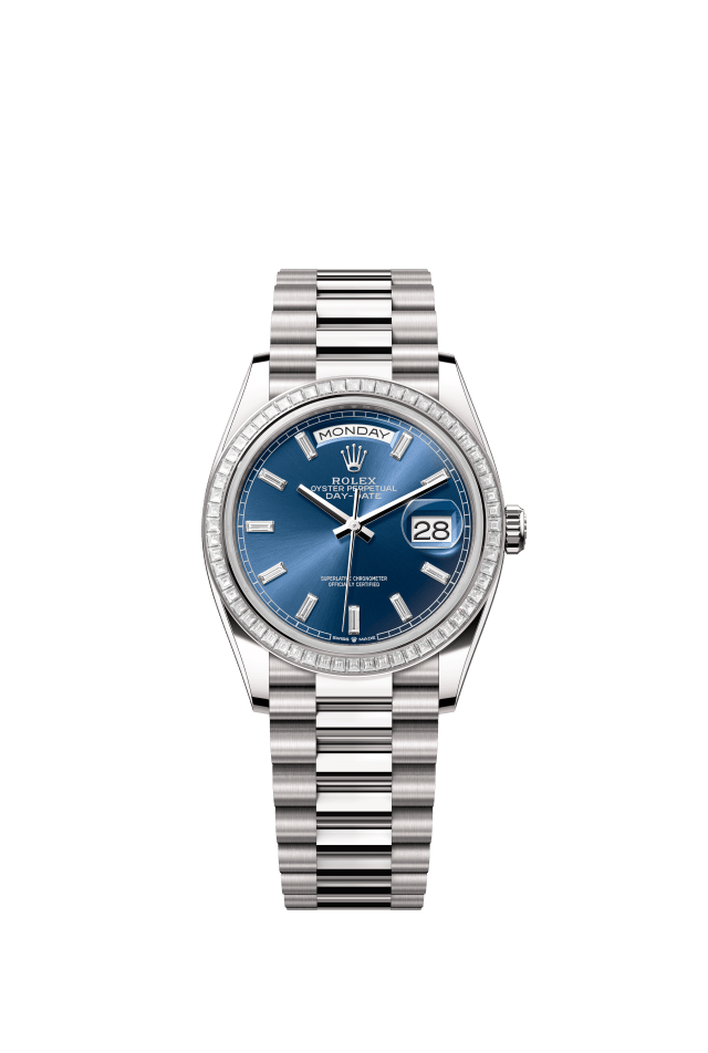 Rolex Day-Date 36, Oyster, 36 mm, white gold and diamonds, bright blue set with diamonds dial