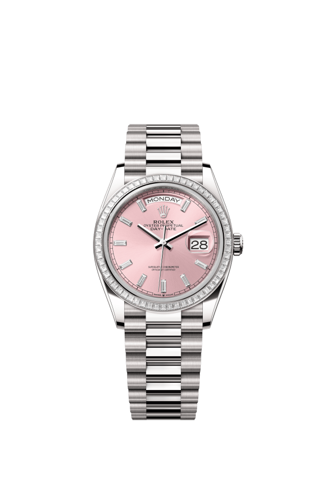Rolex Day-Date 36, Oyster, 36 mm, white gold and diamonds, pink set with diamonds dial