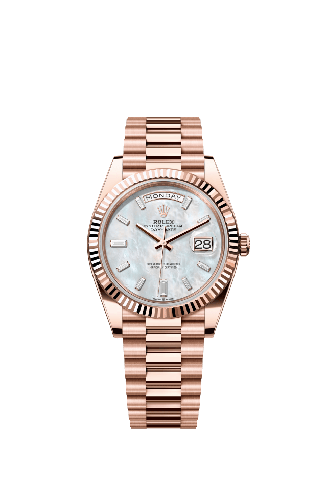 Rolex Day-Date 40, Oyster, 40 mm, Everose gold, white mother-of-pearl set with diamonds dial