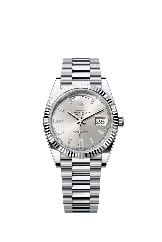 Rolex Day-Date 40, Oyster, 40 mm, platinum, silver set with diamonds dial