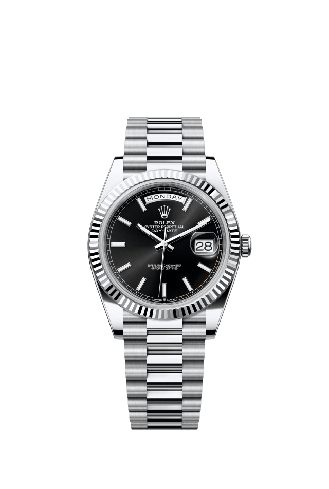 Rolex Day-Date 40, Oyster, 40 mm, platinum, bright black dial