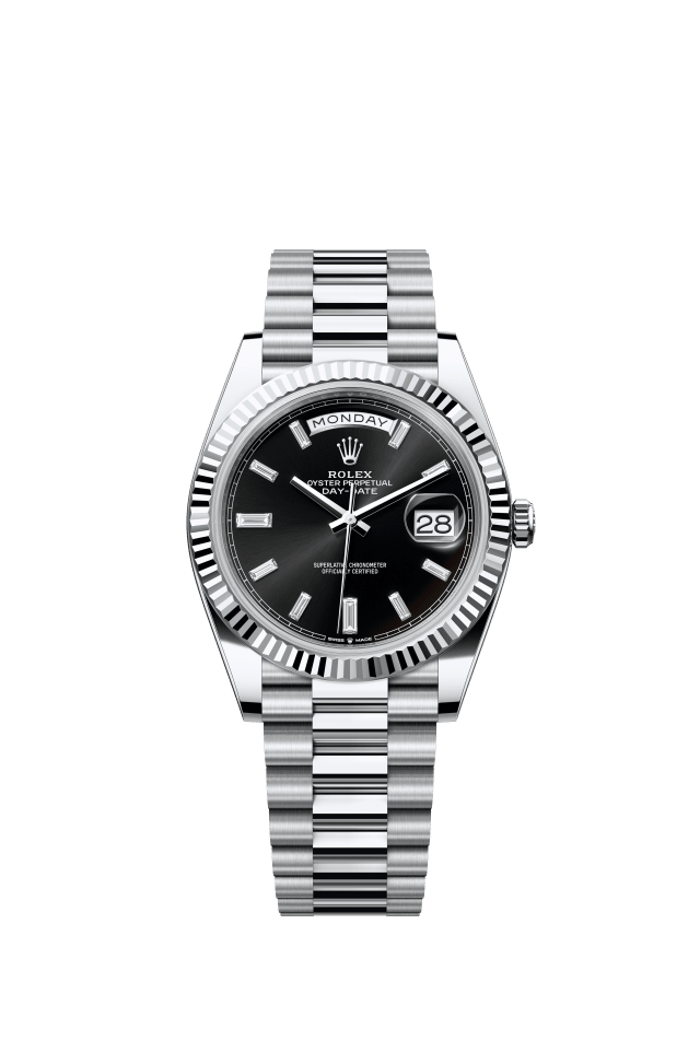 Rolex Day-Date 40, Oyster, 40 mm, platinum, bright black set with diamonds dial