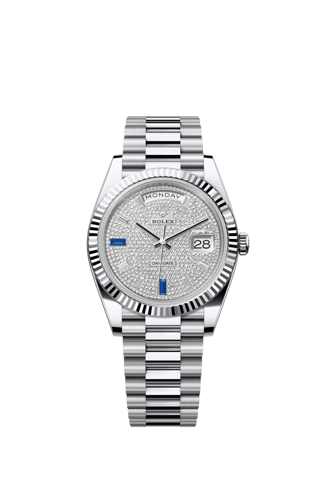 Rolex Day-Date 40, Oyster, 40 mm, platinum, paved with diamonds and sapphires dial