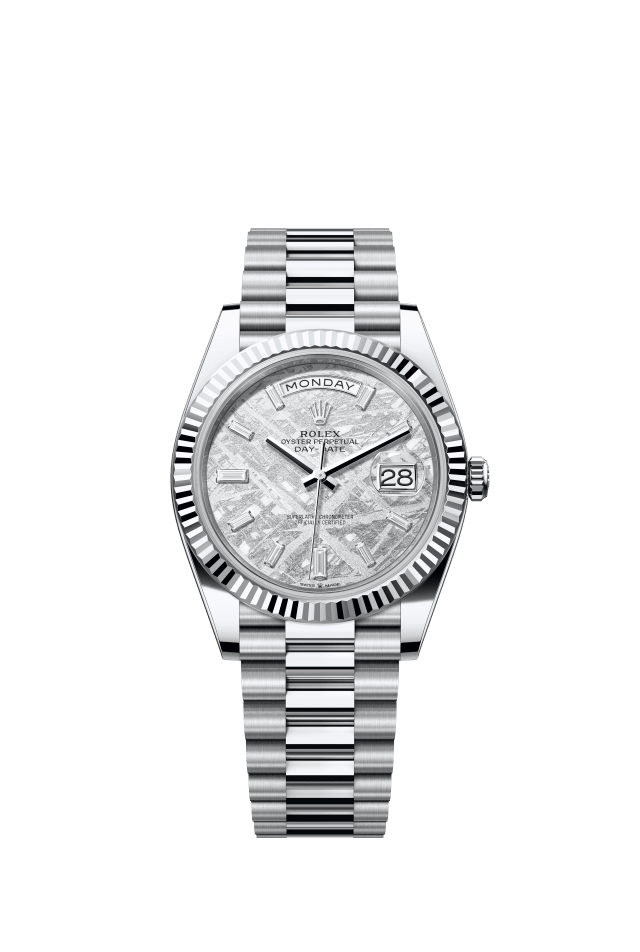 Rolex Day-Date 40, Oyster, 40 mm, platinum, meteorite set with diamonds dial
