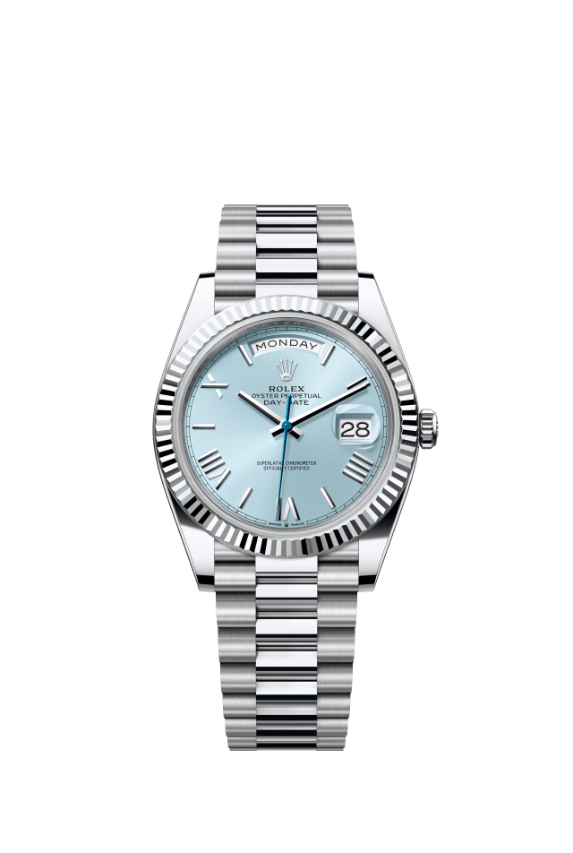 Rolex Day-Date 40, Oyster, 40 mm, platinum, ice blue dial