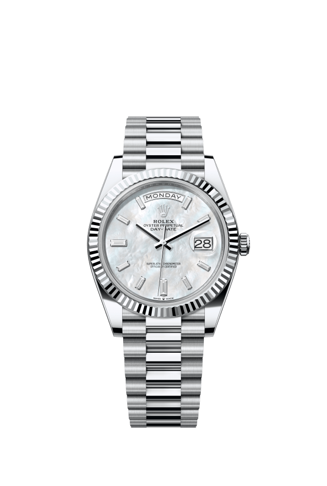 Rolex Day-Date 40, Oyster, 40 mm, platinum, white mother-of-pearl set with diamonds dial