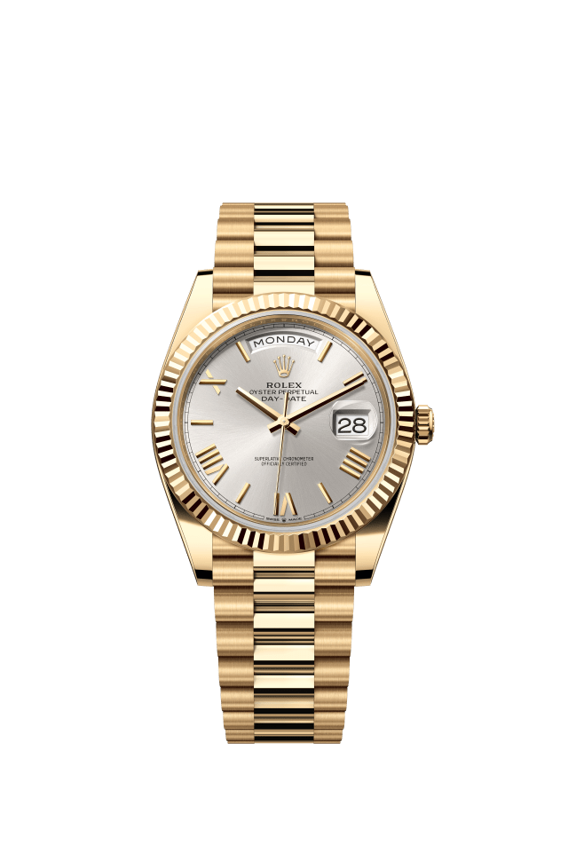 Rolex Day-Date 40, Oyster, 40 mm, yellow gold, silver dial