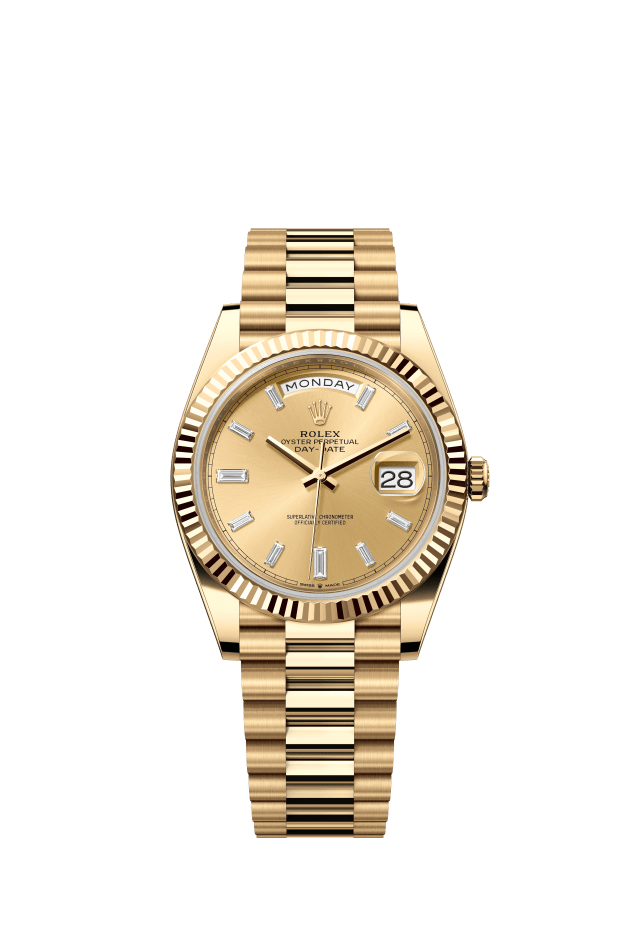 Rolex Day-Date 40, Oyster, 40 mm, yellow gold, champagne-colour set with diamonds dial