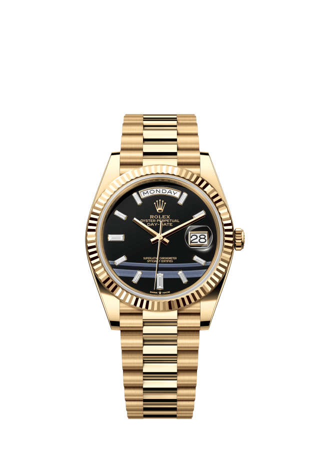 Rolex Day-Date 40, Oyster, 40 mm, yellow gold, onyx set with diamonds dial