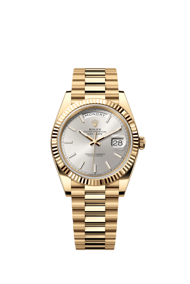 Rolex Day-Date 40, Oyster, 40 mm, yellow gold, silver dial
