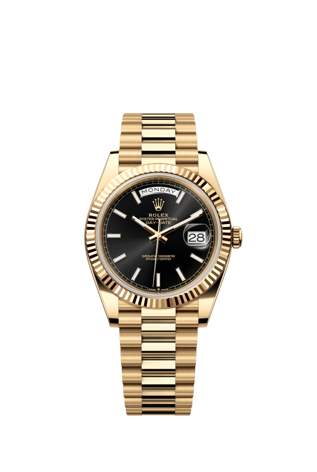 Rolex Day-Date 40, Oyster, 40 mm, yellow gold, bright black dial