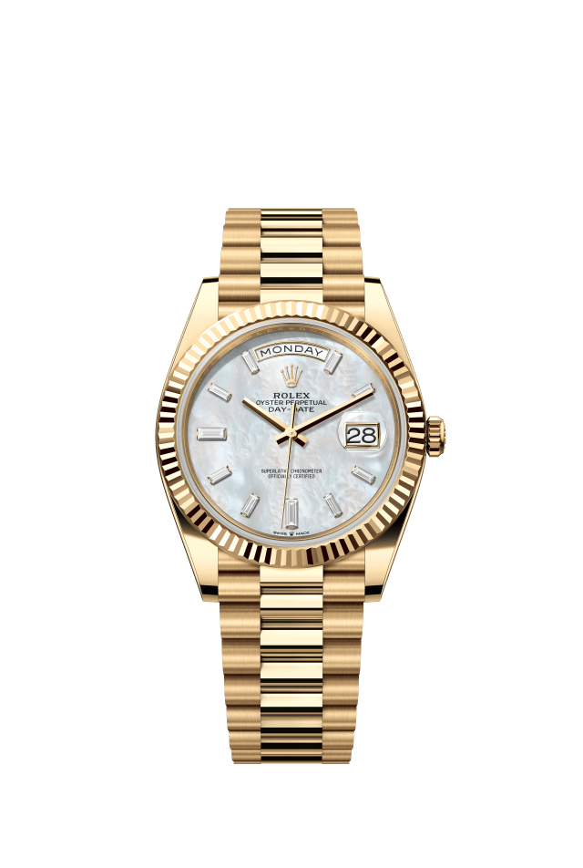 Rolex Day-Date 40, Oyster, 40 mm, yellow gold, white mother-of-pearl set with diamonds dial