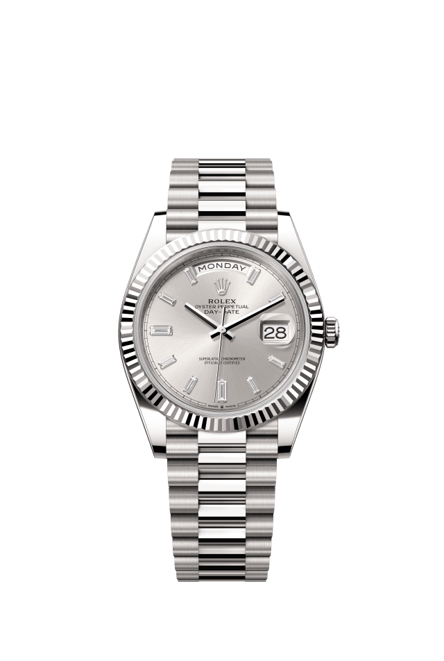 Rolex Day-Date 40, Oyster, 40 mm, white gold, silver set with diamonds dial