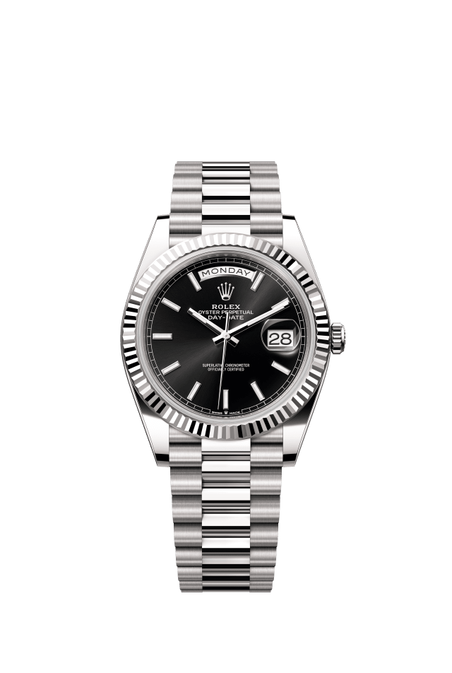 Rolex Day-Date 40, Oyster, 40 mm, white gold, bright black dial