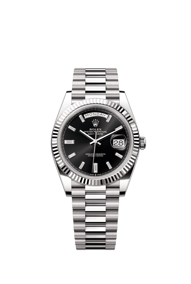 Rolex Day-Date 40, Oyster, 40 mm, white gold, bright black set with diamonds dial