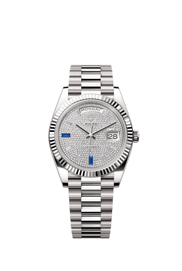 Rolex Day-Date 40, Oyster, 40 mm, white gold, paved with diamonds and sapphires dial